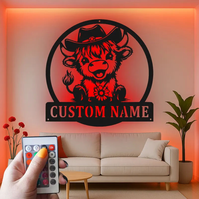 Custom Highland Cow LED Sign | Personalized Metal Wall Art | Western Nursery Decor | Farmhouse Ranch Gift for Her