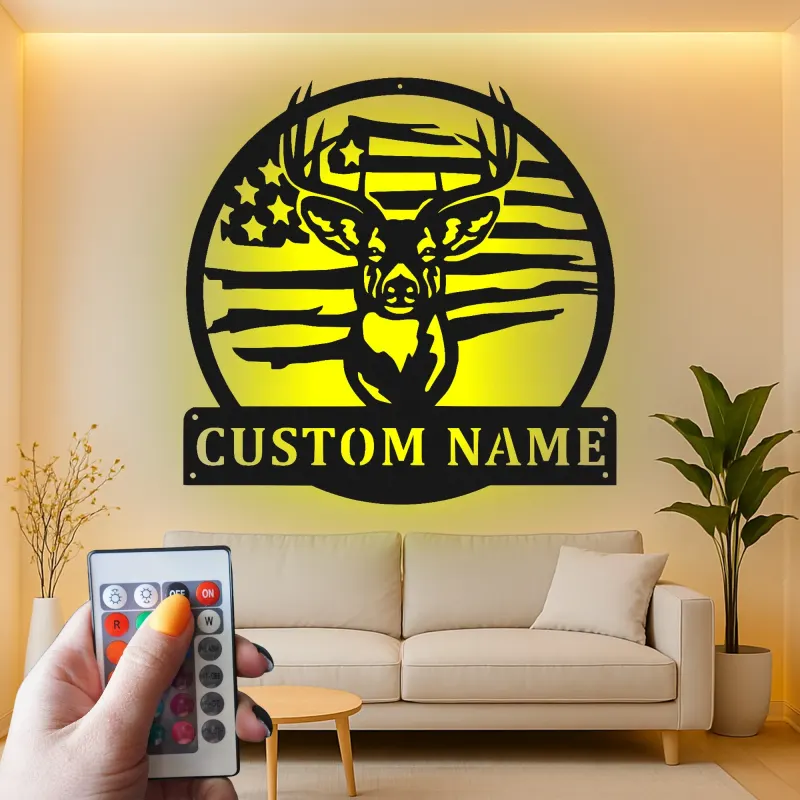 Custom Deer American Flag Led Light Metal Wall Art Personalized Gift for Hunters Rustic Man Cave Decor
