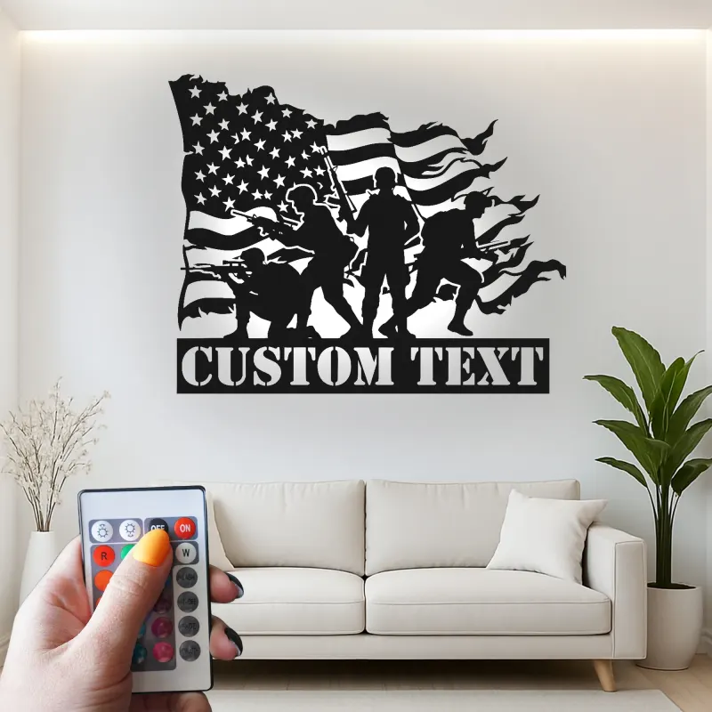 Custom Soldier Metal Sign | LED American Flag Wall Art | Patriotic Veteran Gift | Army Man Cave Decor