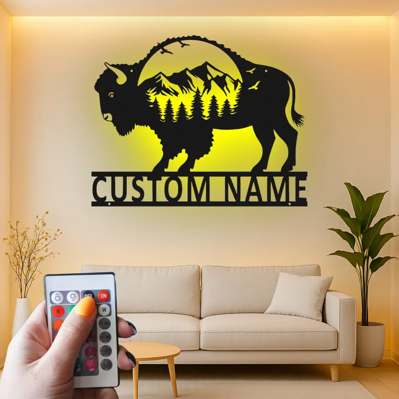 Cartel de metal personalizado con escena de montaña y bisonte iluminado LED, regalo para amantes de la naturaleza, decoración rústica para salas de estar