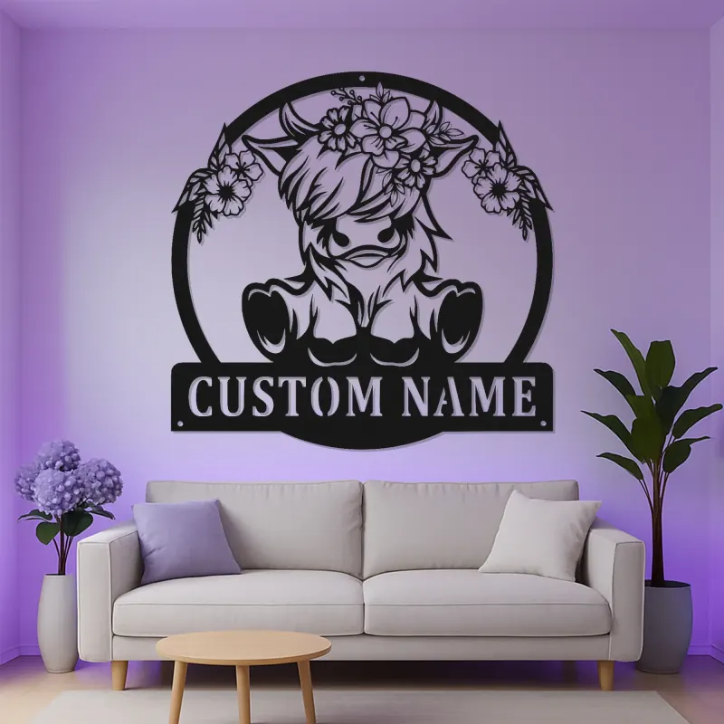 Décoration murale en métal LED Highland Cow | Plaque florale personnalisée pour déco maison de campagne | Cadeau avec prénom pour maman