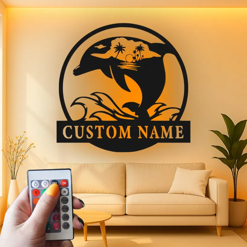 Custom Dolphin Ocean Scene Led Light Metal Wall Art Personalized Beach Lover Gift Coastal Living Room Decor
