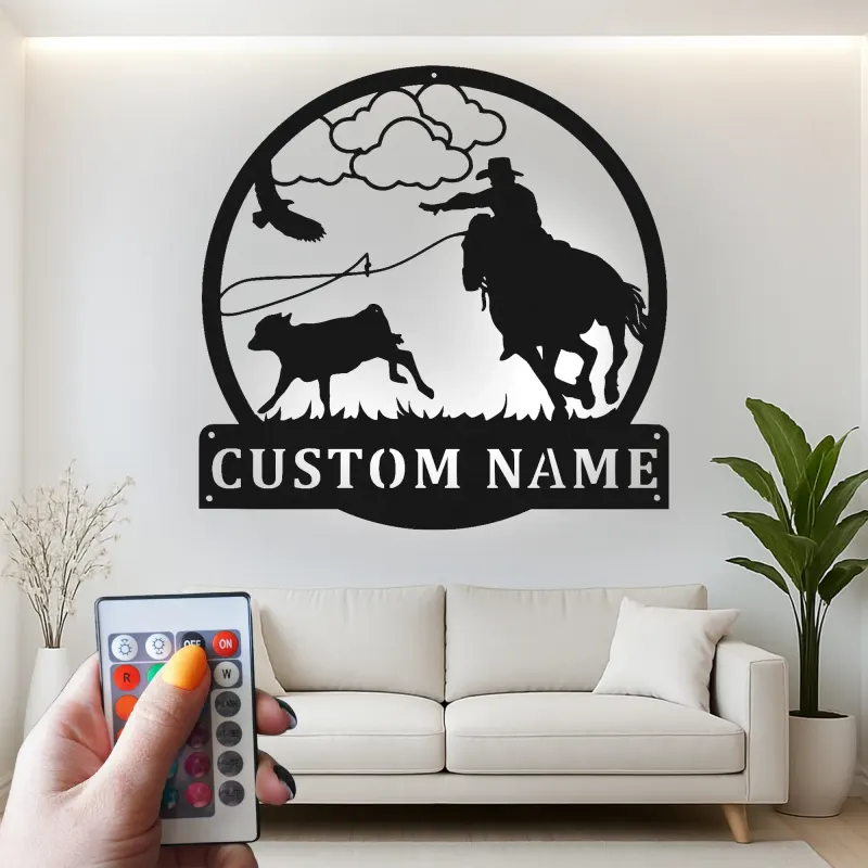 Personalisierte Cowboy-Rodeo-LED-Metall-Wandkunst – Western-Geschenk für Ihn, rustikale Ranch-Deko