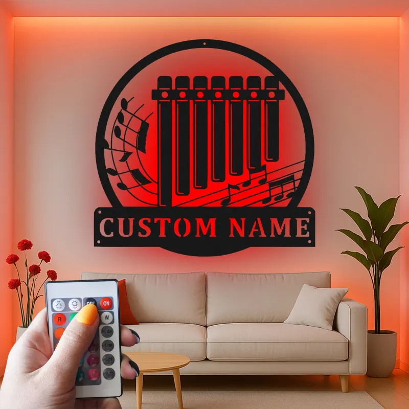 Insegna in metallo personalizzata a forma di pan flute | Arte murale musicale con LED | Regalo personalizzato per musicisti | Decorazioni per studio