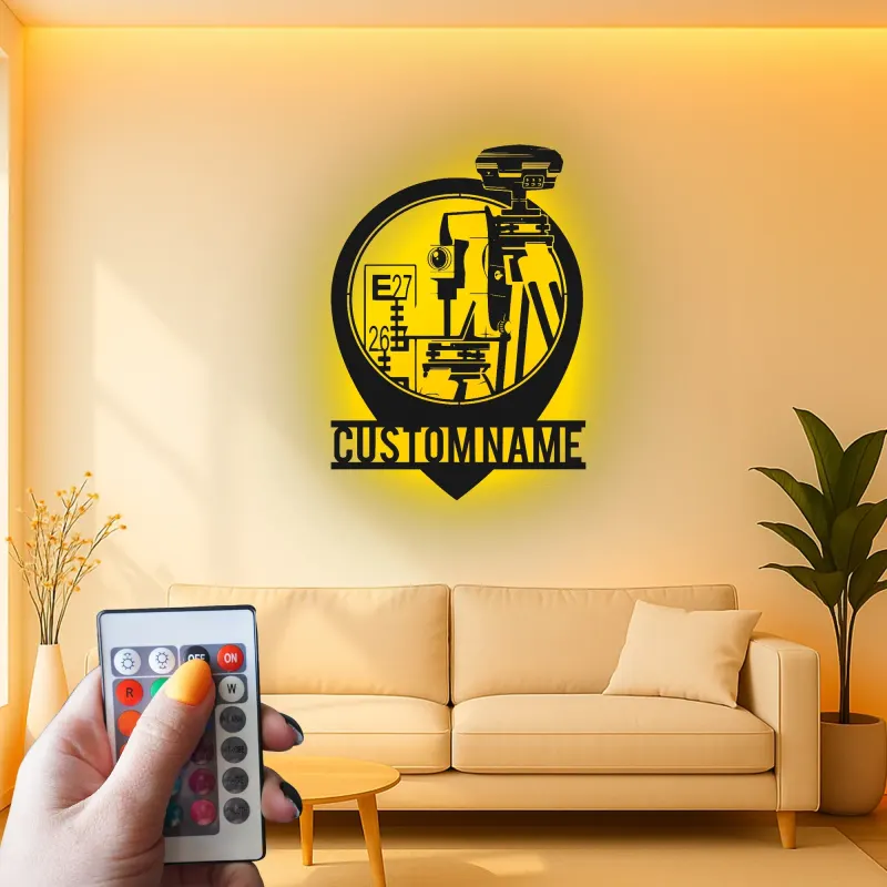 Panneau géomètre-topographe personnalisé | Décoration murale en métal LED | Décor de bureau pour ingénieur civil | Cadeau de topographie avec nom