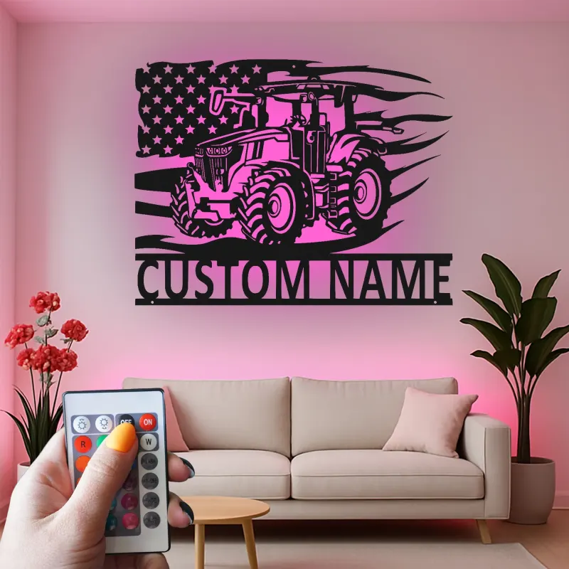 Décoration murale en métal personnalisée avec tracteur et drapeau américain en rétroéclairage - Cadeau pour agriculteur - Décor rustique de ferme