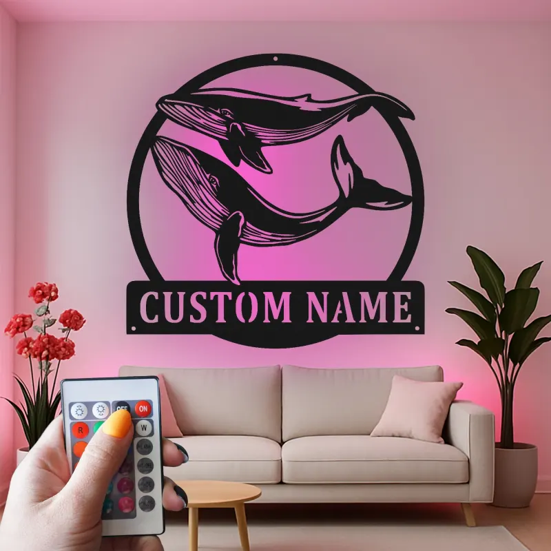Custom Whale Pair Led Light Metal Wall Art Ocean Lover Gift Nautical Decor for Living Room