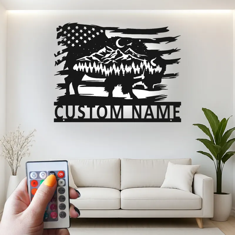 Custom Buffalo American Flag Led Light Metal Wall Art Unique Gift for Nature Lovers Rustic Living Room Decor