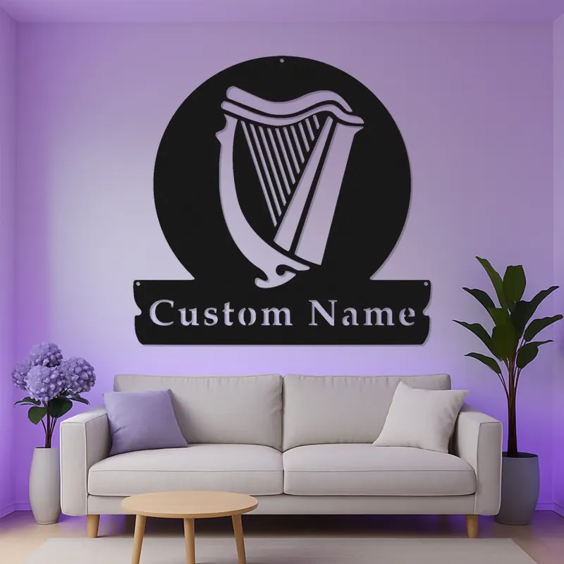 Insegna LED personalizzata con arpa | Insegna in metallo su misura per pub e home bar | Regalo retroilluminato per musicisti | Decorazione per strumento irlandese