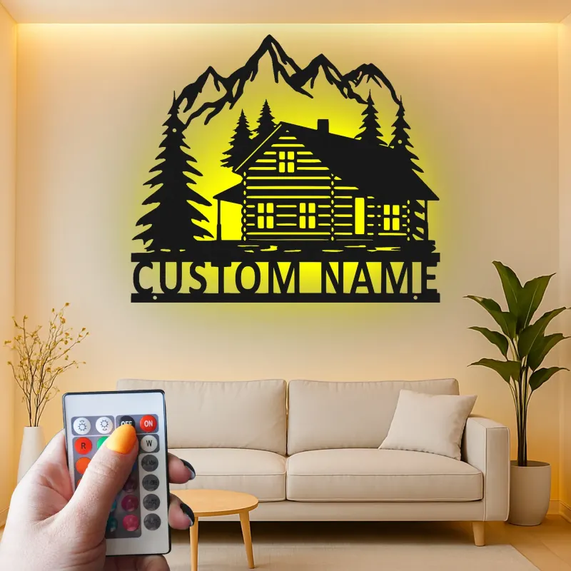 Custom Mountain Cabin Led Light Metal Wall Art Personalized Housewarming Gift Rustic Living Room Decor