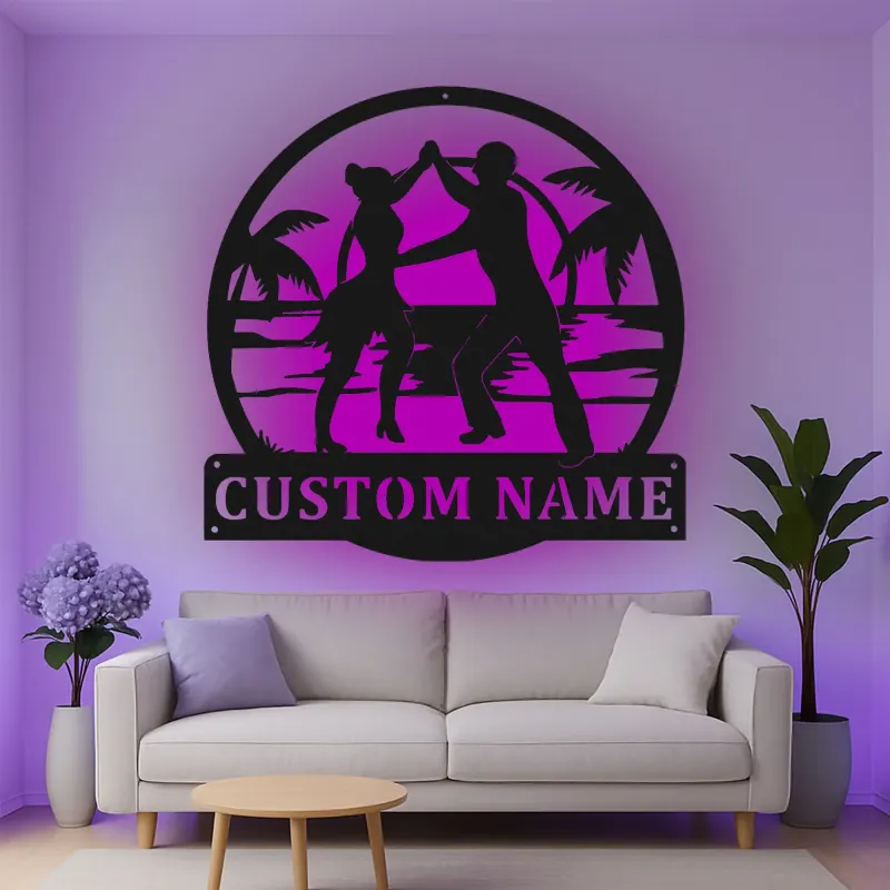 Cartel de metal personalizado con pareja de baile y luz LED, regalo personalizado para bailarines, decoración para salón o playa