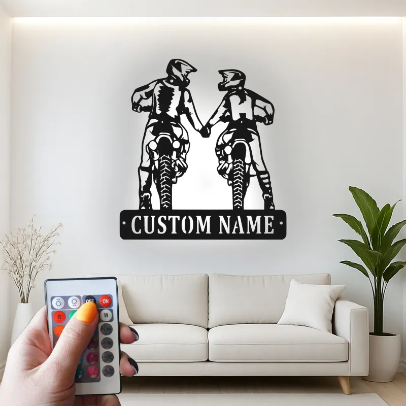 Custom Motocross Couple Led Light Metal Wall Art Personalized Gift for Bikers Garage or Man Cave Decor 1