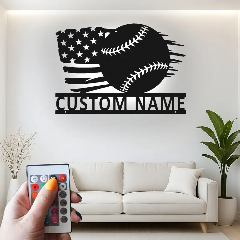 Insegna in metallo personalizzata con luce LED bandiera americana per baseball, regalo sportivo per fan del baseball, decorazione per sala giochi