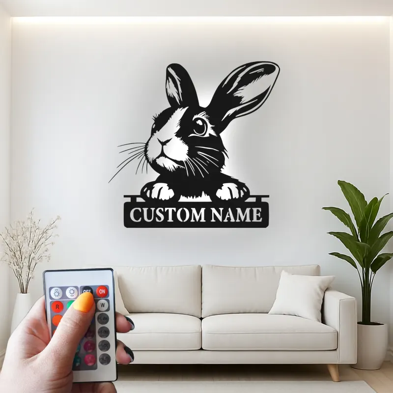 Insegna LED personalizzata con coniglio | Arte in metallo con coniglio Dutch | Targa personalizzata per nome animale e arredo cameretta