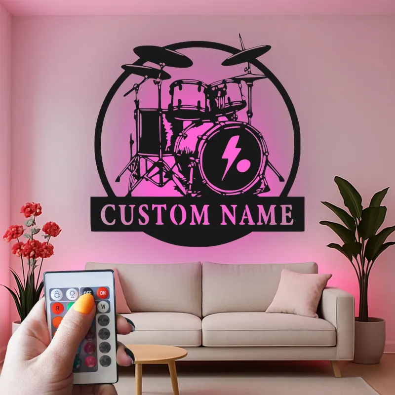Custom Drum Set Led Light Metal Wall Art Personalized Musician Gift Studio or Music Room Decor 4