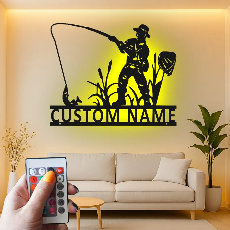 Cartel de pesca personalizado con LED | Arte mural de metal con nombre personalizado | Decoración rústica de casa de campo y regalo para pescador