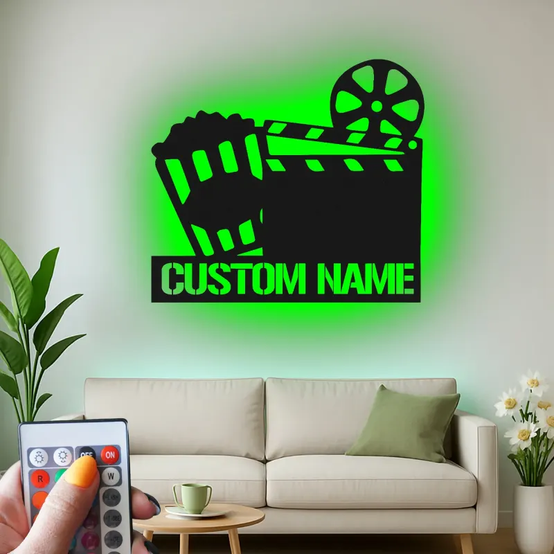 Insegna per Home Theater personalizzata | Decorazione LED per cinema | Arte in metallo con clapperboard personalizzata | Regalo per cinefili