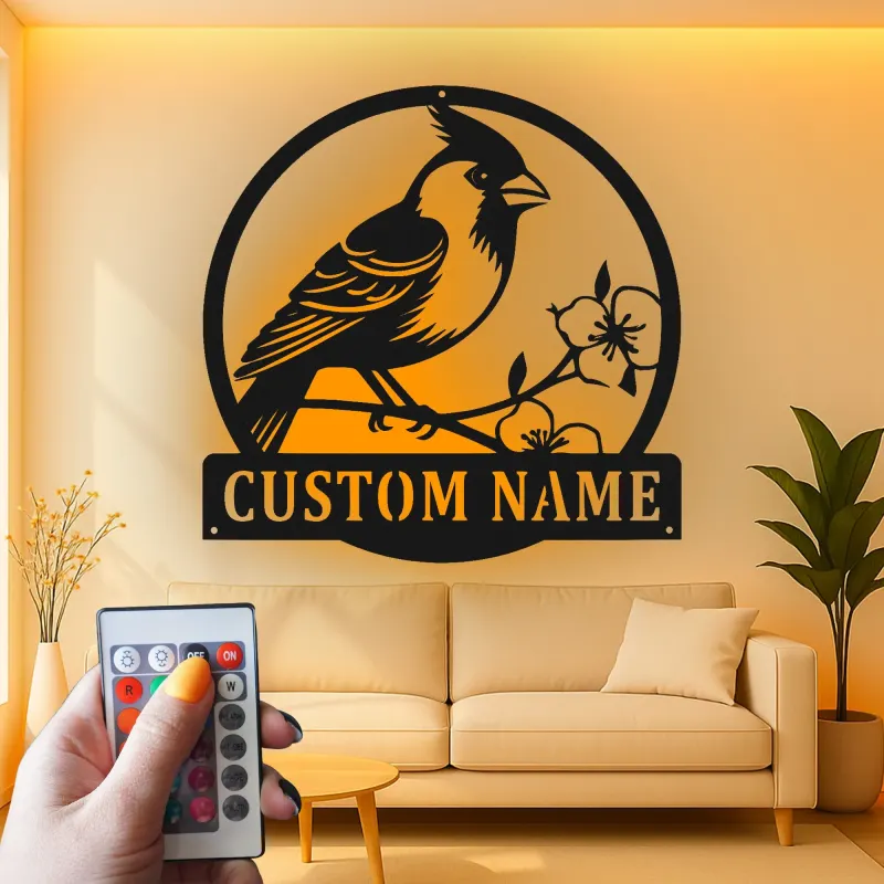 Décoration murale en métal personnalisée avec lumière LED en forme de cardinal - Cadeau pour amoureux de la nature - Décor de salon ou de jardin