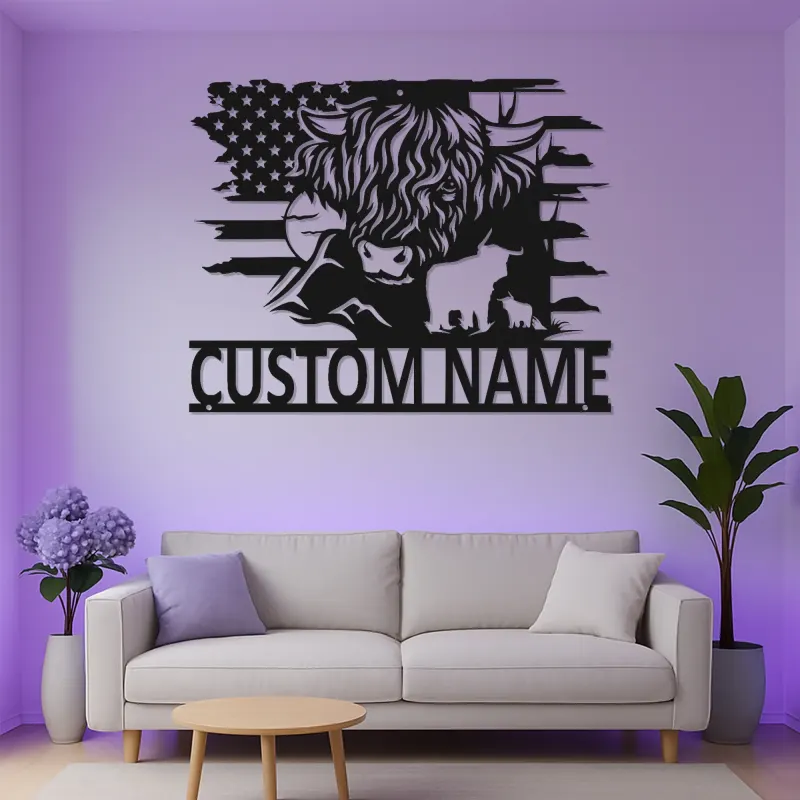 Décoration murale en métal Highland Cow | Enseigne LED personnalisée avec drapeau USA | Déco ranch sur mesure | Cadeau pour fermier