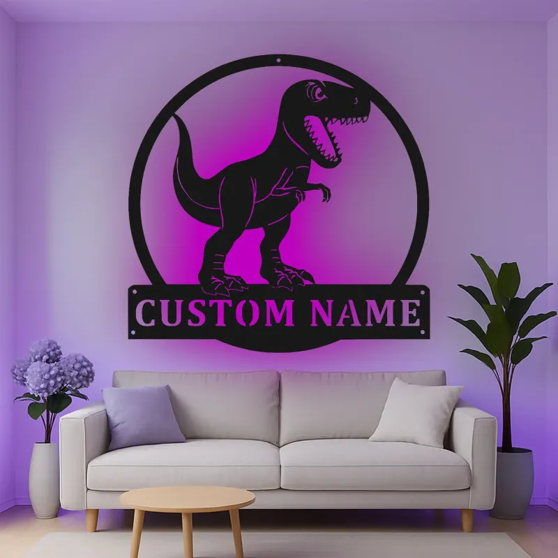 Cartel de metal personalizado de luz LED de dinosaurio T-Rex regalo personalizado para la habitación o sala de juegos de los niños 1