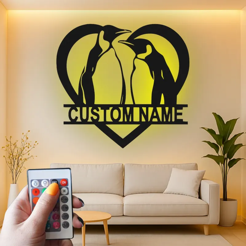 Insegna a Cuore con Pinguino Personalizzata | Arte Murale in Metallo LED per Coppie | Regalo di Anniversario Personalizzato per Decorazione Casa