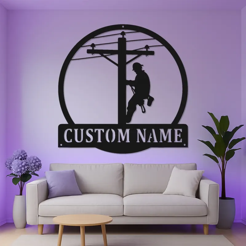 Arte da Parete in Metallo LED per Lineman | Insegna Personalizzata per Lavoratore di Pubblica Utilità | Regalo Personalizzato per Elettricista per Garage | Decorazione per Man Cave