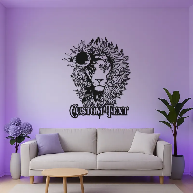Lion Metal Wall Art with LED Light | Custom Floral Name Sign | Boho Celestial Wildlife Decor for Home & Office