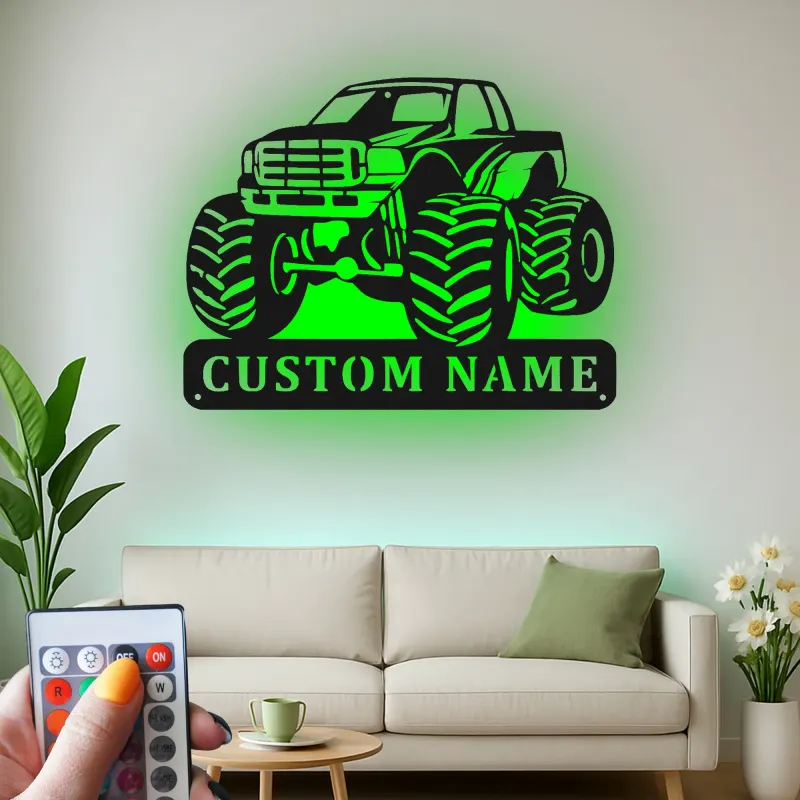 Insegna in Metallo Monster Truck Personalizzata | Luce LED da Parete Personalizzata per Stanza dei Bambini | Decorazione Veicolo Fuoristrada | Regalo per Ragazzi