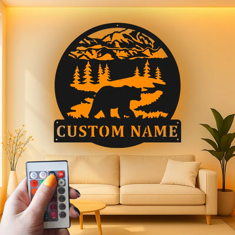 Custom Bear Mountain Scene Led Light Metal Wall Art Personalized Gift for Nature Lovers Cabin Decor