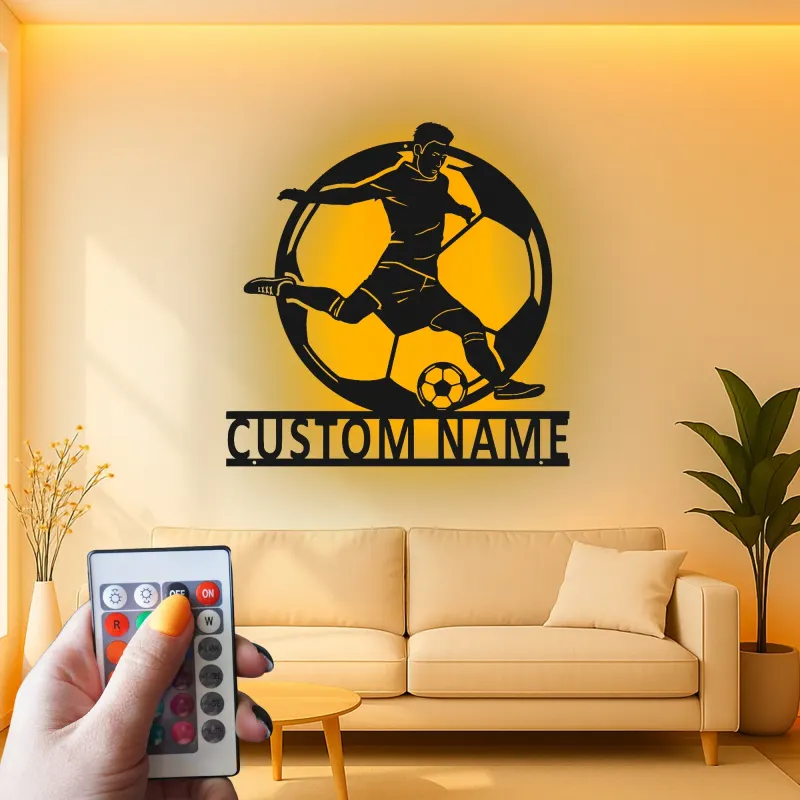 Panneau LED Personnalisé Joueur de Football | Décoration Murale en Métal Personnalisée | Cadeau Athlète pour Chambre d'Adolescent | Décor de Bar Sportif et Salle de Jeux