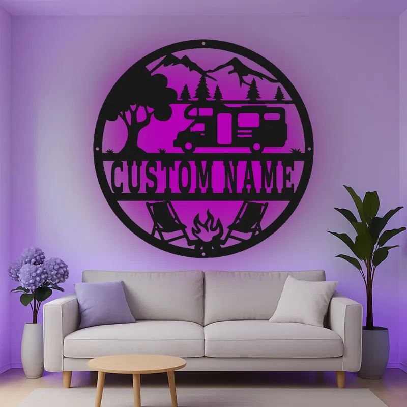 Insegna in metallo LED per campeggio RV personalizzata regalo per campeggiatori decorazione per avventure all'aperto