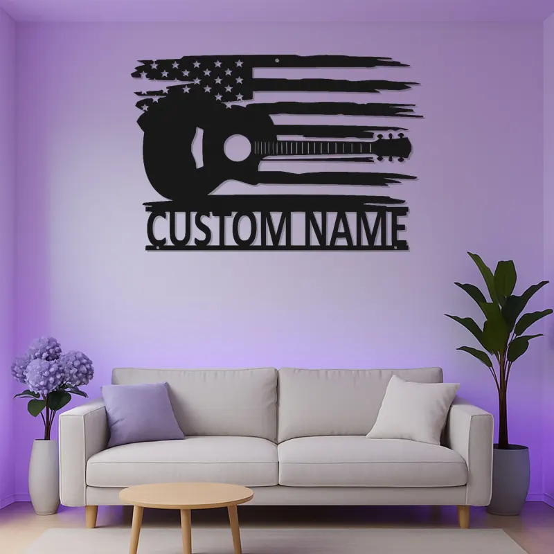 Insegna in metallo Chitarra e bandiera americana | Arte murale LED personalizzata per musicisti | Decorazione patriottica per casa e studio