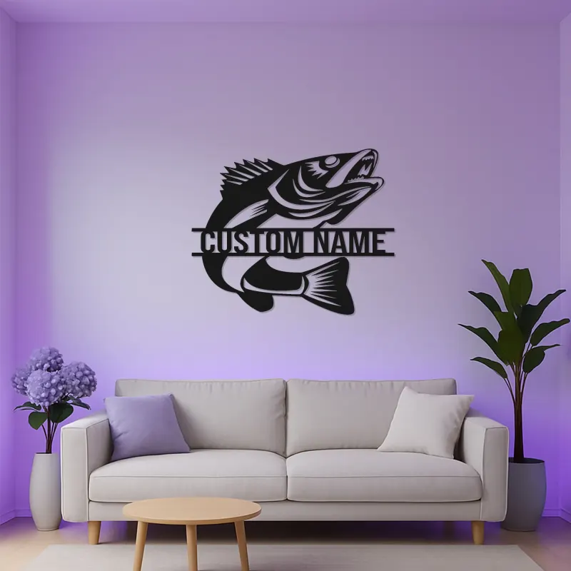 Insegna in metallo personalizzata con pesce e LED | Regalo personalizzato per pescatore | Arredo murale per casa al lago e baita