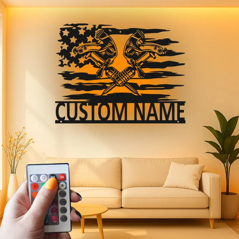 Décoration murale en métal personnalisée avec clés à molette et drapeau américain rétroéclairé - Cadeau pour mécanicien