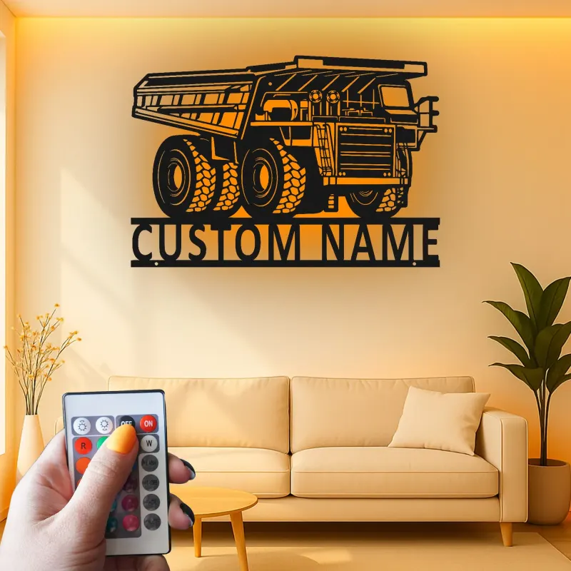 Insegna in metallo LED personalizzata a tema camion ribaltabile per appassionati di costruzione, regalo per garage o ufficio