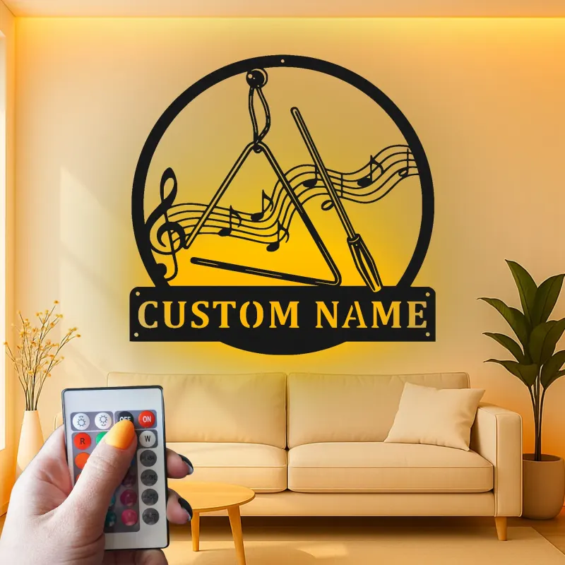 Cadeau Personnalisé pour Enseignant de Musique | Décoration Murale en Métal Personnalisée avec Rétroéclairage | Décor de Studio de Musique | Panneau de Nom d'Instrument en Triangle