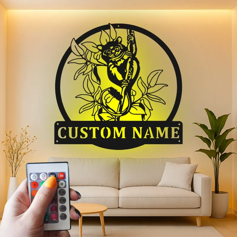 Insegna Nome Lemure Personalizzata | Arte in Metallo LED per Nursery a Tema Giungla | Decorazione Faunistica Personalizzata | Luce per Stanza Bambini Boho
