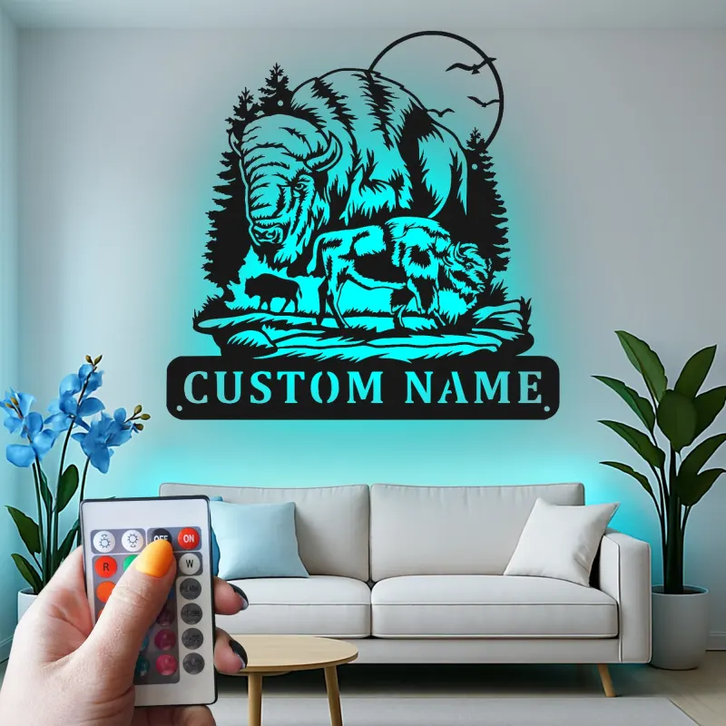 Décoration murale en métal personnalisée avec bison et forêt en rétroéclairage LED - Cadeau faune rustique pour cabane