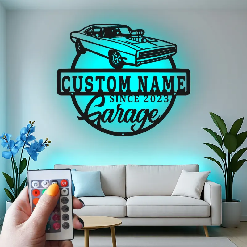 Personalisierte Muscle Car Schild | LED Metall-Wandkunst | Vintage Garagen Dekor | Individuelles Man Cave Geschenk | Lasergeschnittene Autoschilder