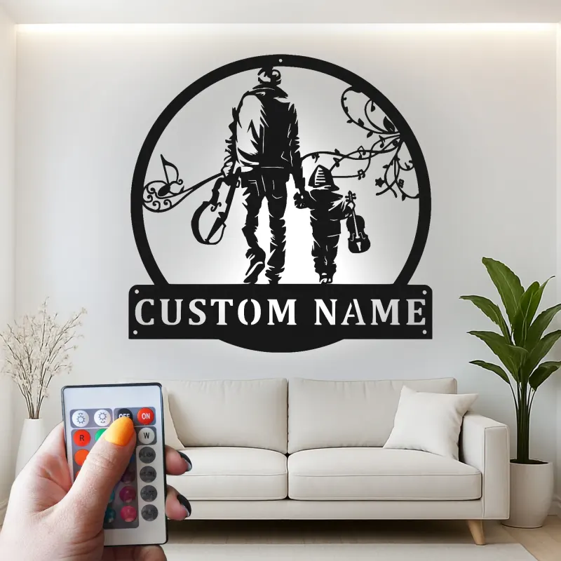 Insegna Personalizzata per Chitarra | Arte in Metallo LED per Padre e Figlio | Decorazione per Stanza Musicale | Regalo per Musicista per Papà