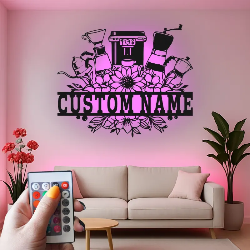 Insegna in metallo personalizzata con luce LED per macchina da caffè, regalo per amanti del caffè, decorazione per cucina e caffè