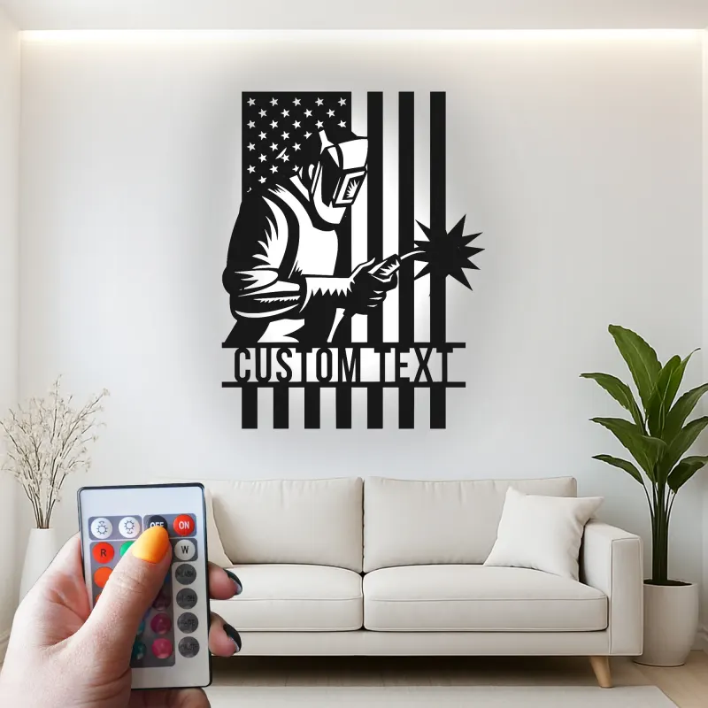Insegna in metallo personalizzata con saldatore e bandiera americana retroilluminata, regalo personalizzato per decorare officine di saldatori