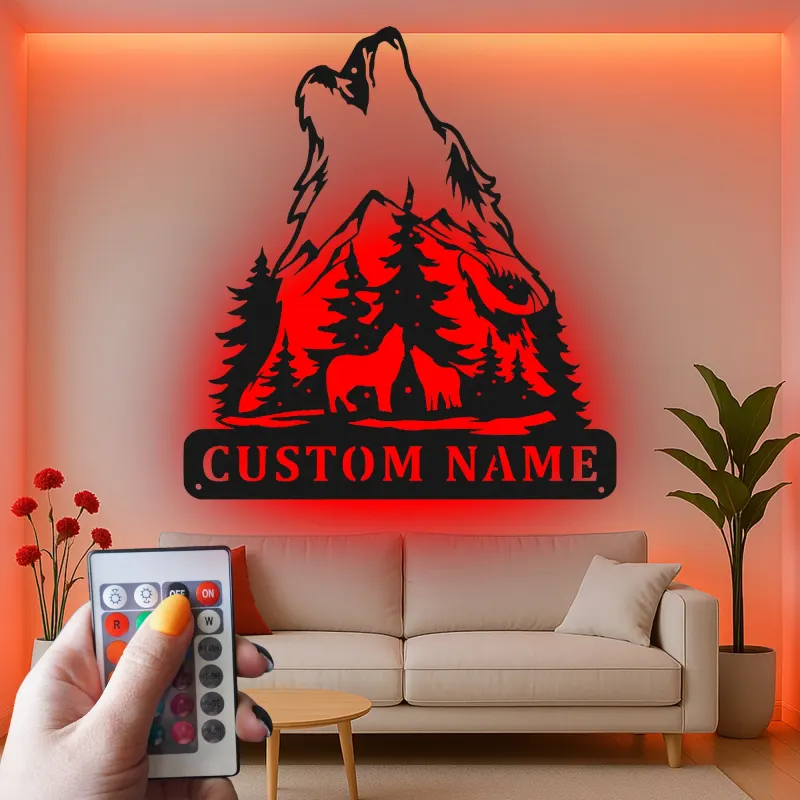 Custom Howling Wolf Led Light Metal Wall Art Personalized Gift for Nature Lovers Cabin Decor