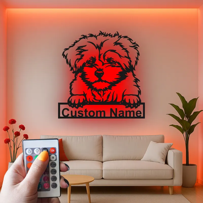 Panneau LED personnalisé Maltese | Décoration murale en métal pour chien | Cadeau pour les amoureux des chiots | Décor mémorial pour animaux