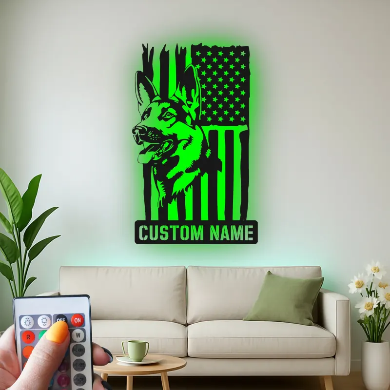 Arte murale LED in metallo con Pastore Tedesco | Insegna personalizzata con nome del cane | Decorazione patriottica con bandiera americana per casa o ufficio