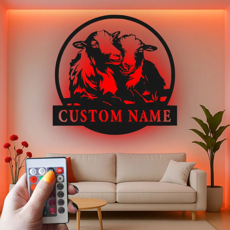 Insegna LED Personalizzata con Agnelli | Arte in Metallo Personalizzata | Decorazione per Fattoria di Pecore per Nursery o Regalo per Casa Rustica