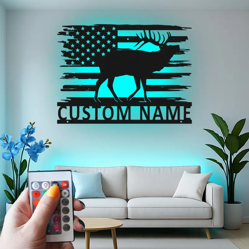 Décoration murale en métal LED élan drapeau américain personnalisée Cadeau pour chasseurs Décor de chalet rustique