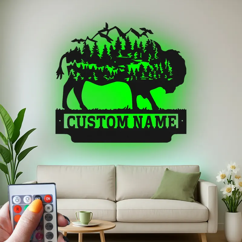 Insegna in metallo LED personalizzata con bufalo e wilderness - Regalo per amanti della natura, decorazione per cabin rustica