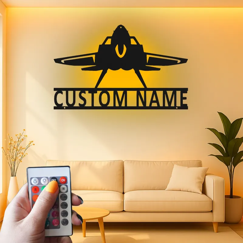 Personalized Fighter Jet Metal Sign | LED Backlit Wall Art | Custom Pilot Name Decor for Man Cave | Aviation Gift