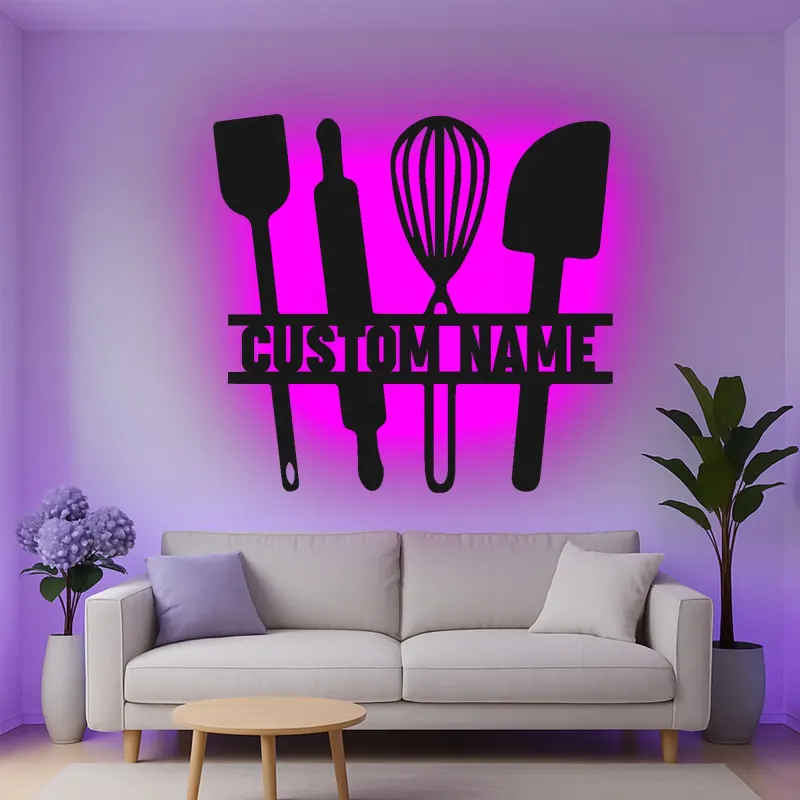 Insegna in metallo personalizzata con luce LED a forma di Utensili da Cucina - Regalo per Chef - Decorazione Moderna per Cucina